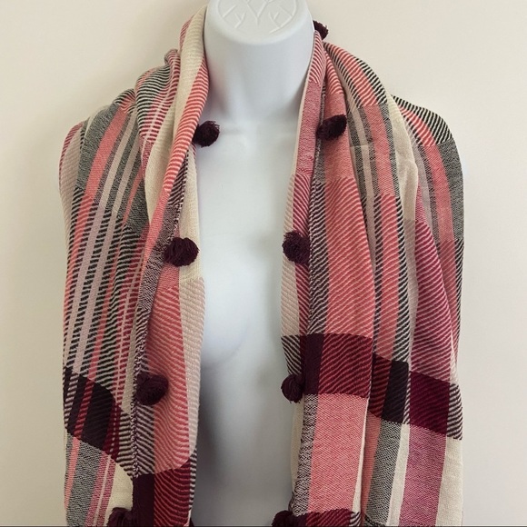 LOFT Red White Plaid Pom Pom Infinity Wrap Scarf - Picture 2 of 12